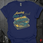 Analog State of Mind Navy t-shirt featuring three stacked mixtapes design — retro music apparel by GeloGroove