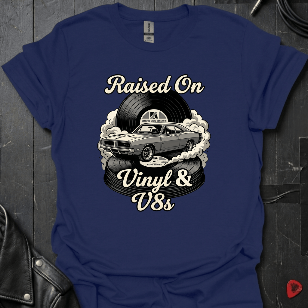 Vinyl And V8s T-Shirt | Classic Car And Vinyl Music Tee - Navy - T-Shirt
