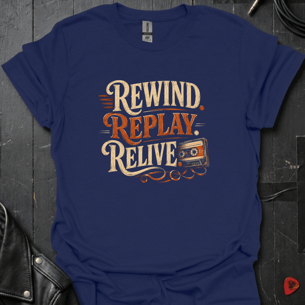 Rewind Replay Relive T-Shirt | Retro Cassette Tee - Navy - T-Shirt