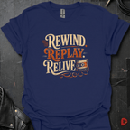 Rewind Replay Relive T-Shirt | Retro Cassette Tee - Navy - T-Shirt