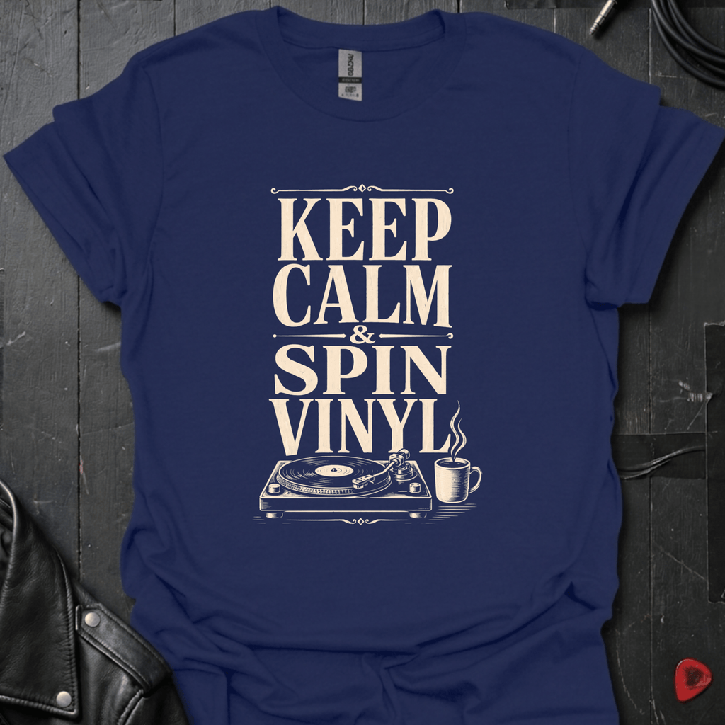 Keep Calm Spin Vinyl T-Shirt - Navy - T-Shirt