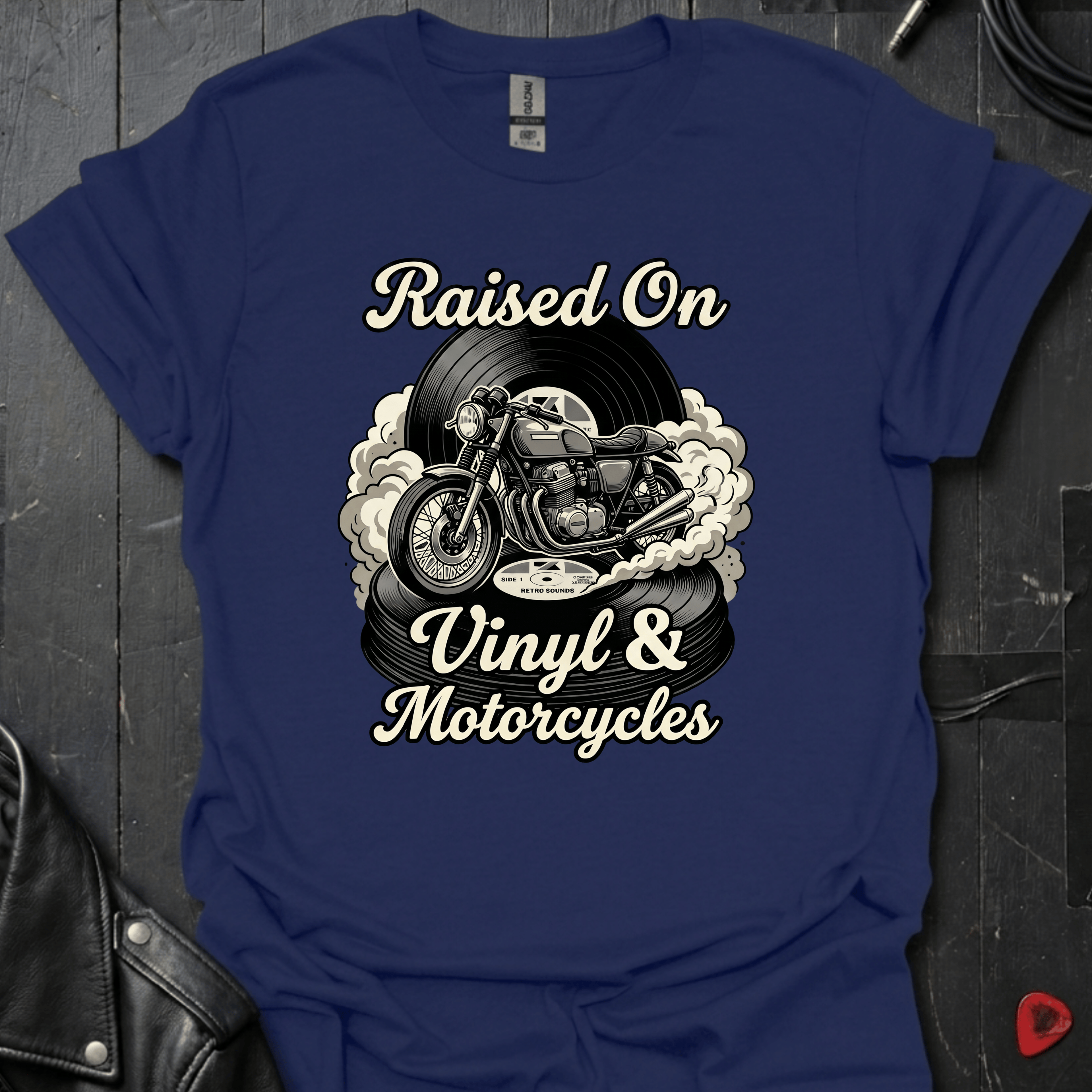 Vinyl & Motorcycles T-Shirt | Vinyl And Biker Music Tee - Navy - T-Shirt
