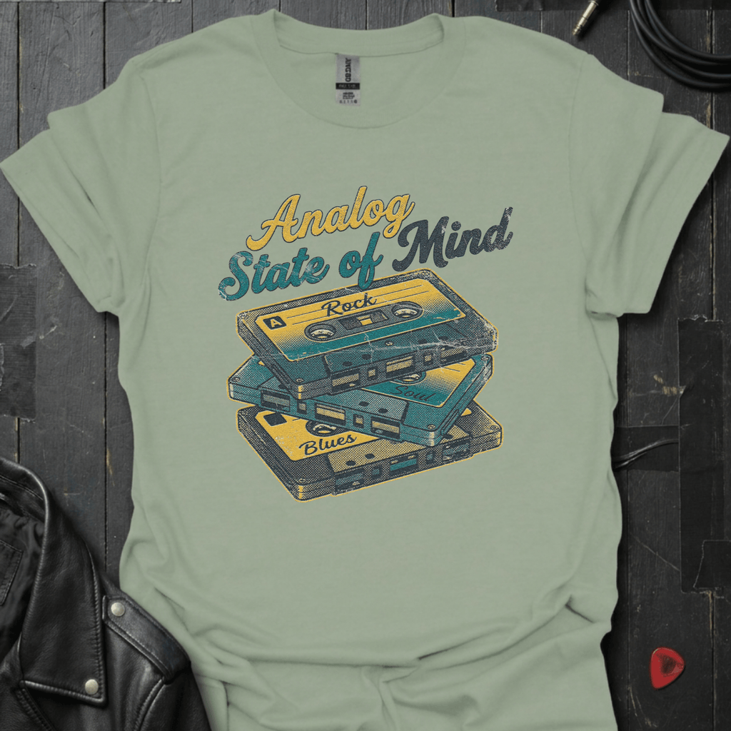Analog State of Mind Sage t-shirt featuring three stacked mixtapes design — retro music apparel by GeloGroove