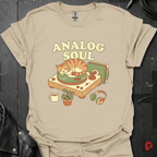 Analog Soul Sand t-shirt featuring a cat lying on a record player — indie retro music apparel by GeloGroove