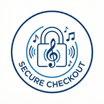 Secure checkout icon with lock and music notes on a white background