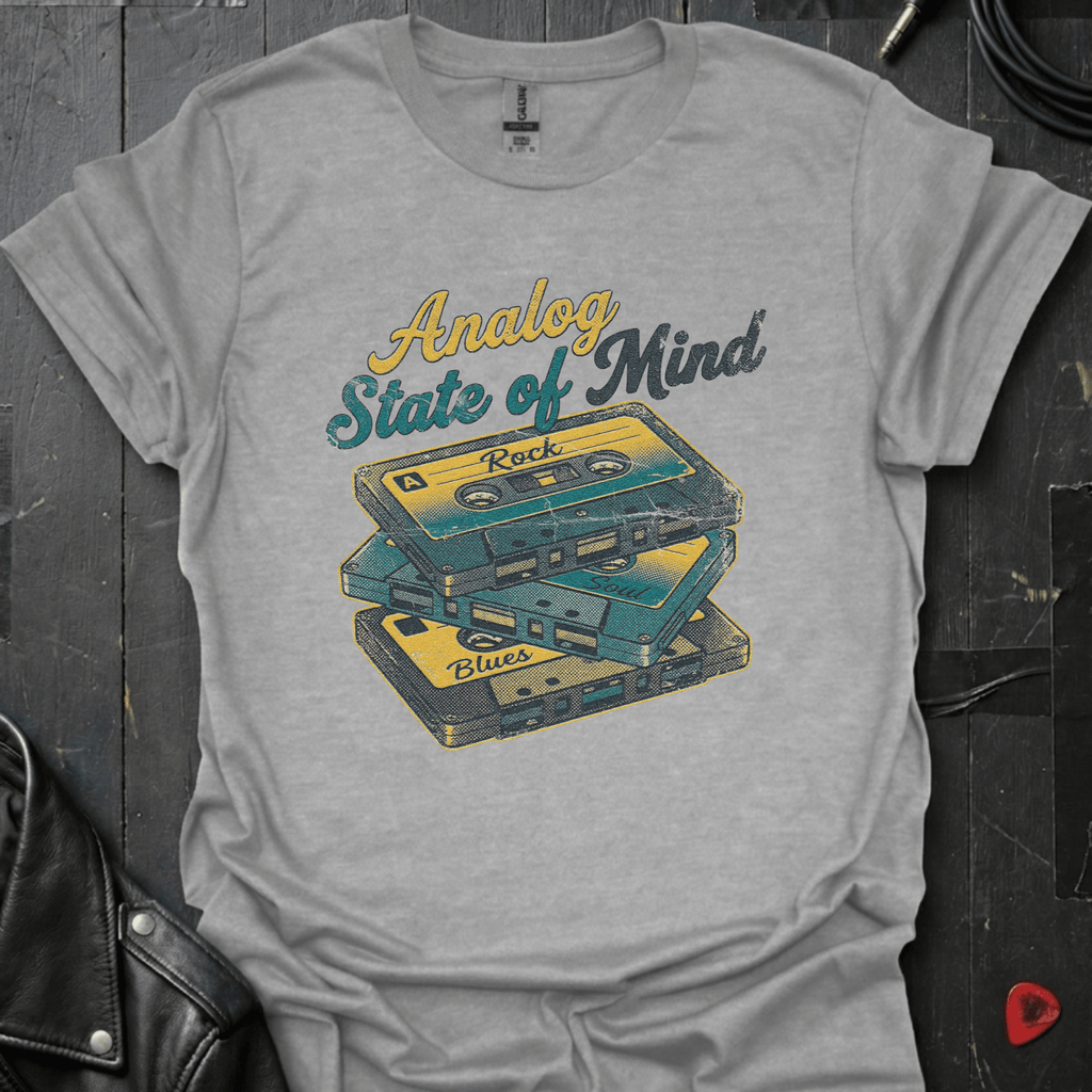 Analog State of Mind Sports Grey t-shirt featuring three stacked mixtapes design — retro music apparel by GeloGroove
