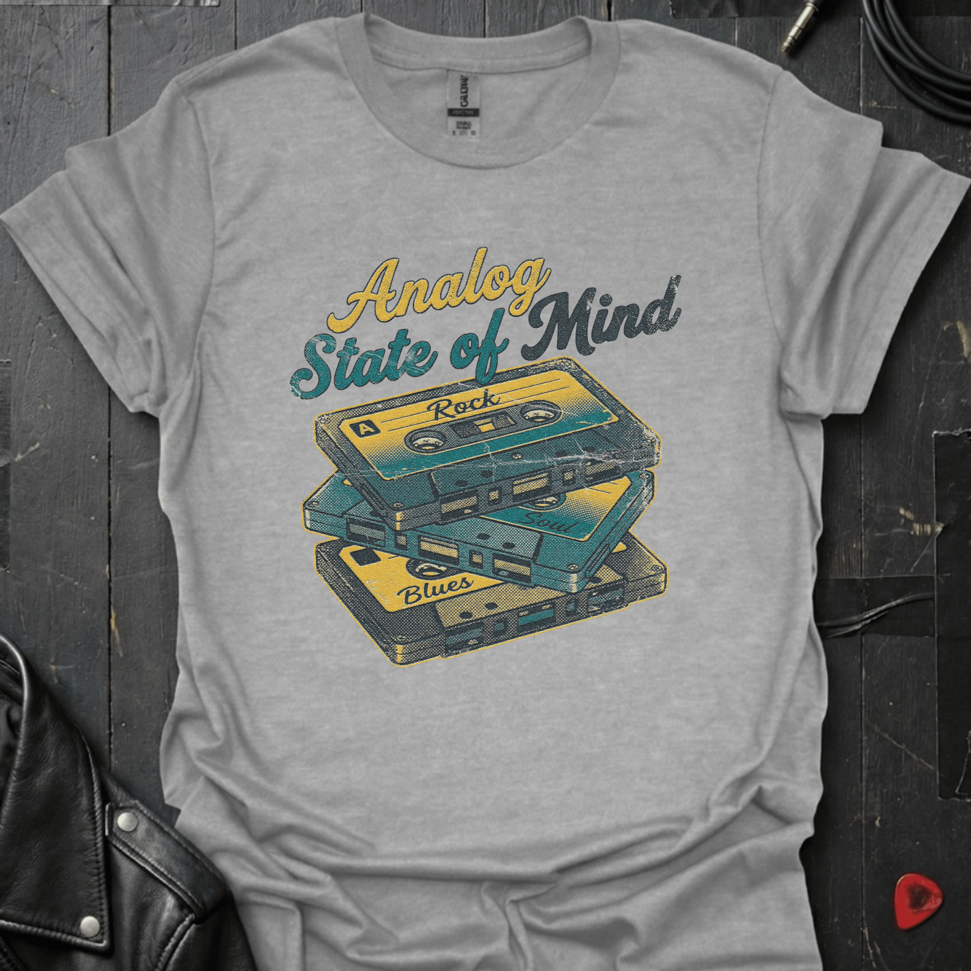 Analog State of Mind Sports Grey t-shirt featuring three stacked mixtapes design — retro music apparel by GeloGroove