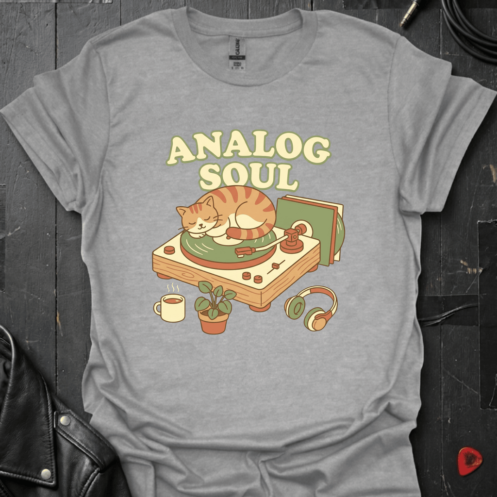 Analog Soul Sports Grey t-shirt featuring a cat lying on a record player — indie retro music apparel by GeloGroove
