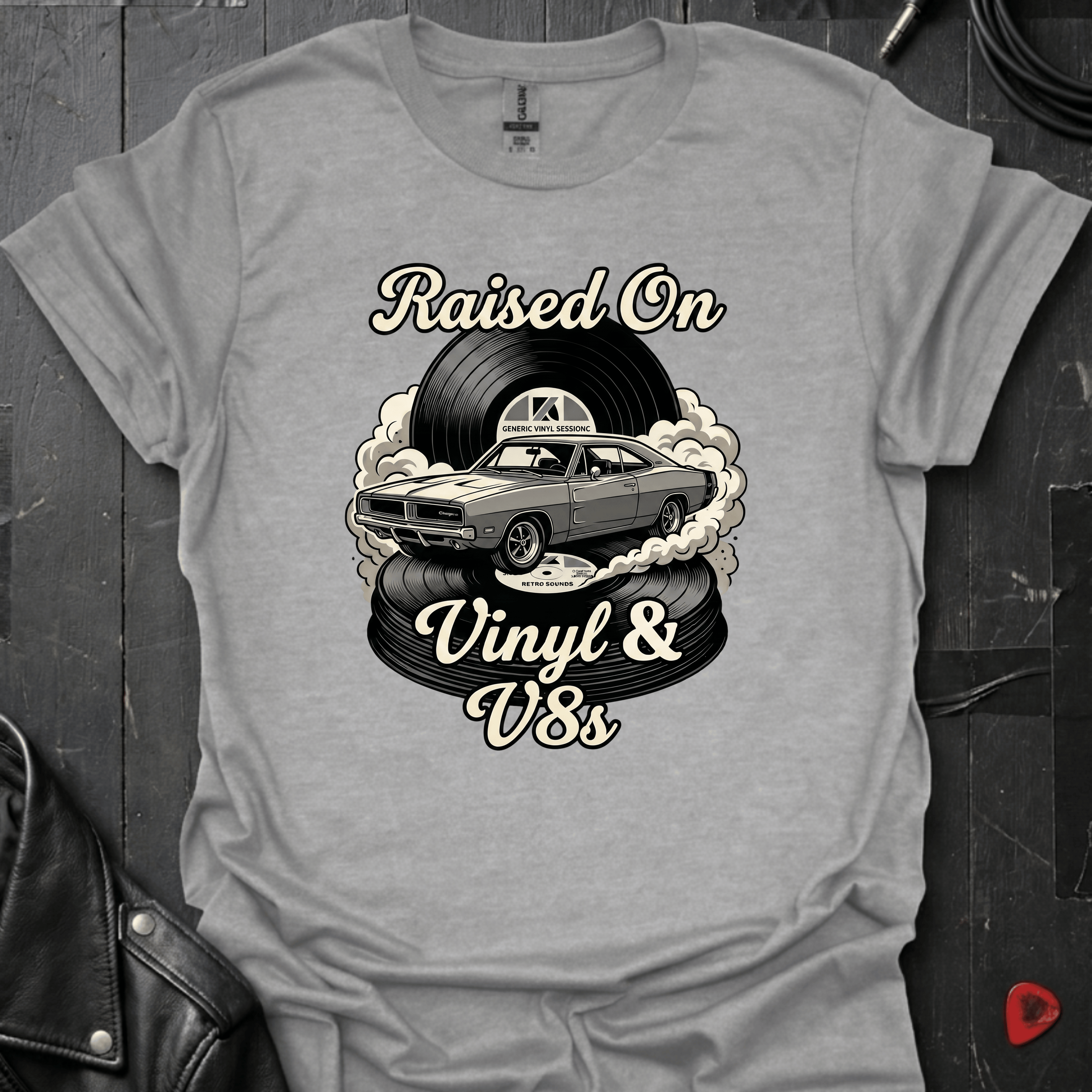 Vinyl And V8s T-Shirt | Classic Car And Vinyl Music Tee - Sport Grey - T-Shirt