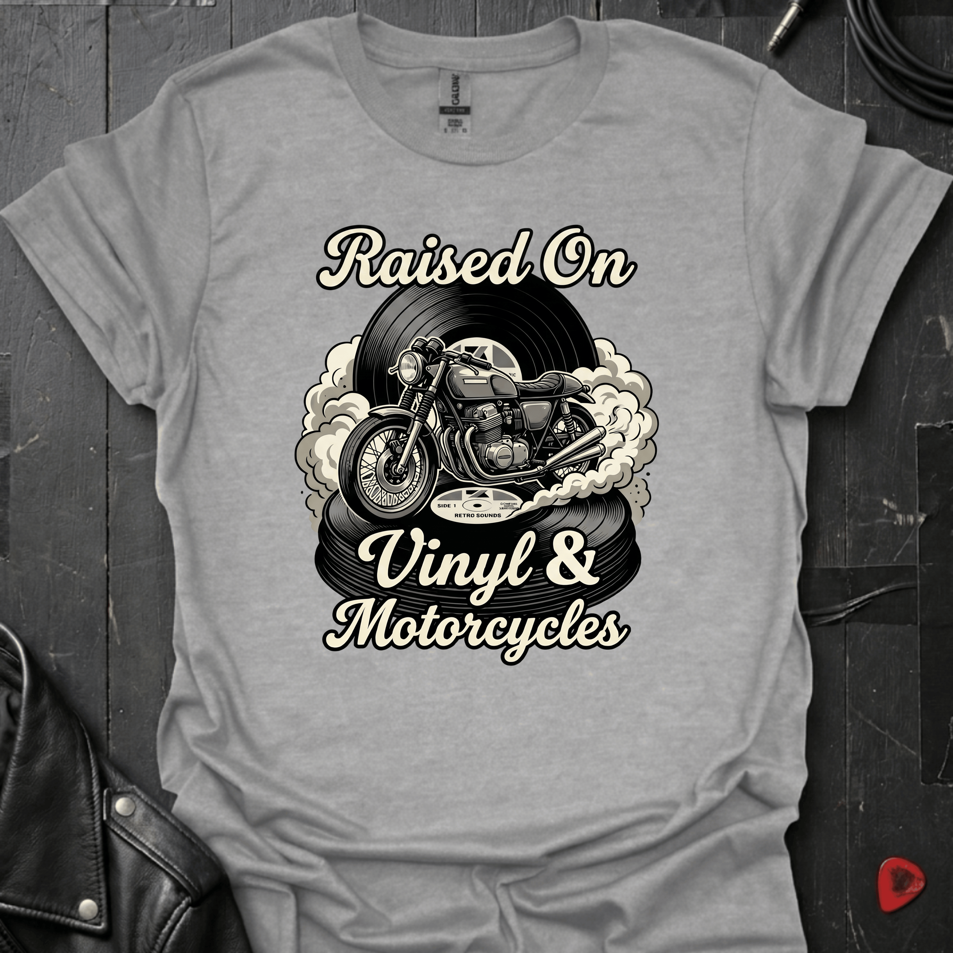 Vinyl & Motorcycles T-Shirt | Vinyl And Biker Music Tee - Sport Grey - T-Shirt