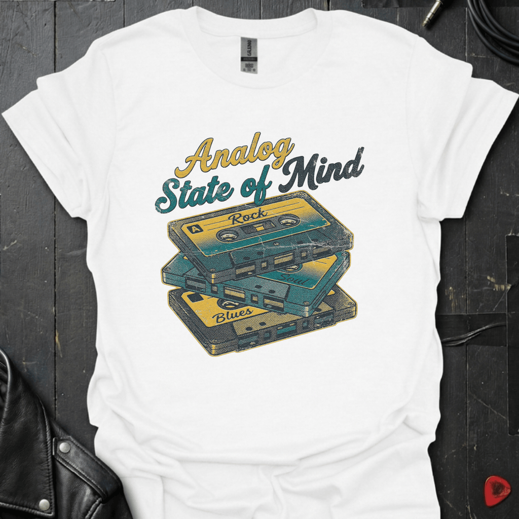 Analog State of Mind White t-shirt featuring three stacked mixtapes design — retro music apparel by GeloGroove